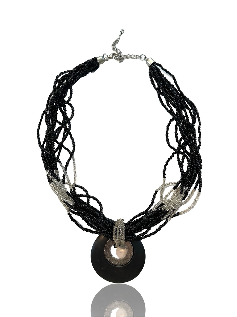 Artisan Black and Silver Multi-Strand Beaded Necklace with Circular Pendant